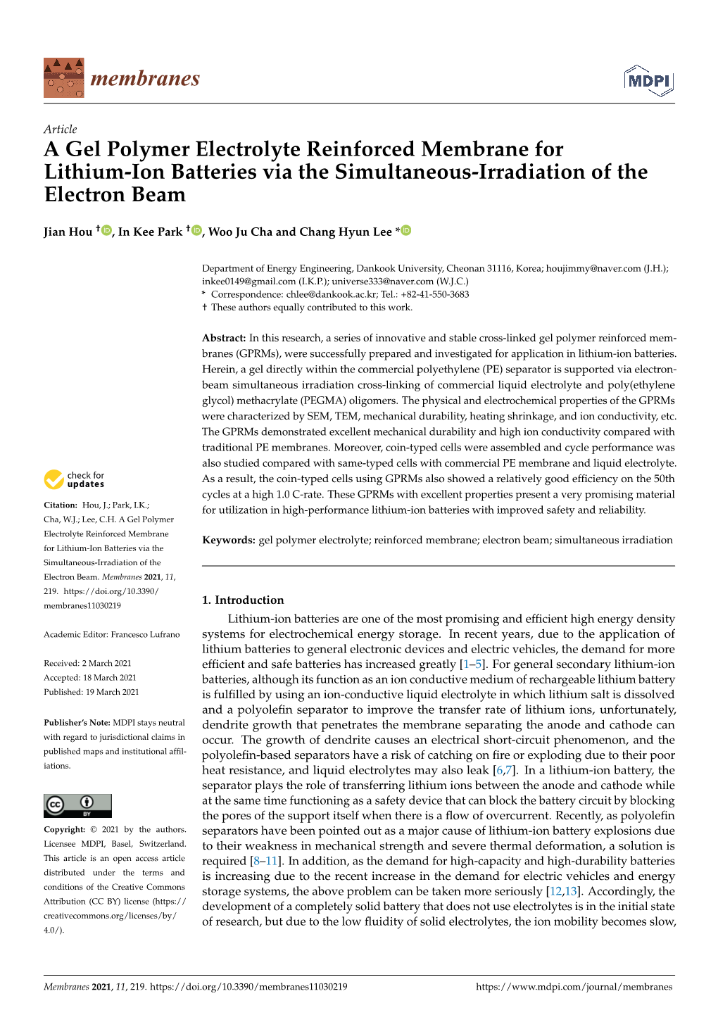 A Gel Polymer Electrolyte Reinforced Membrane for Lithium-Ion Batteries Via the Simultaneous-Irradiation of the Electron Beam