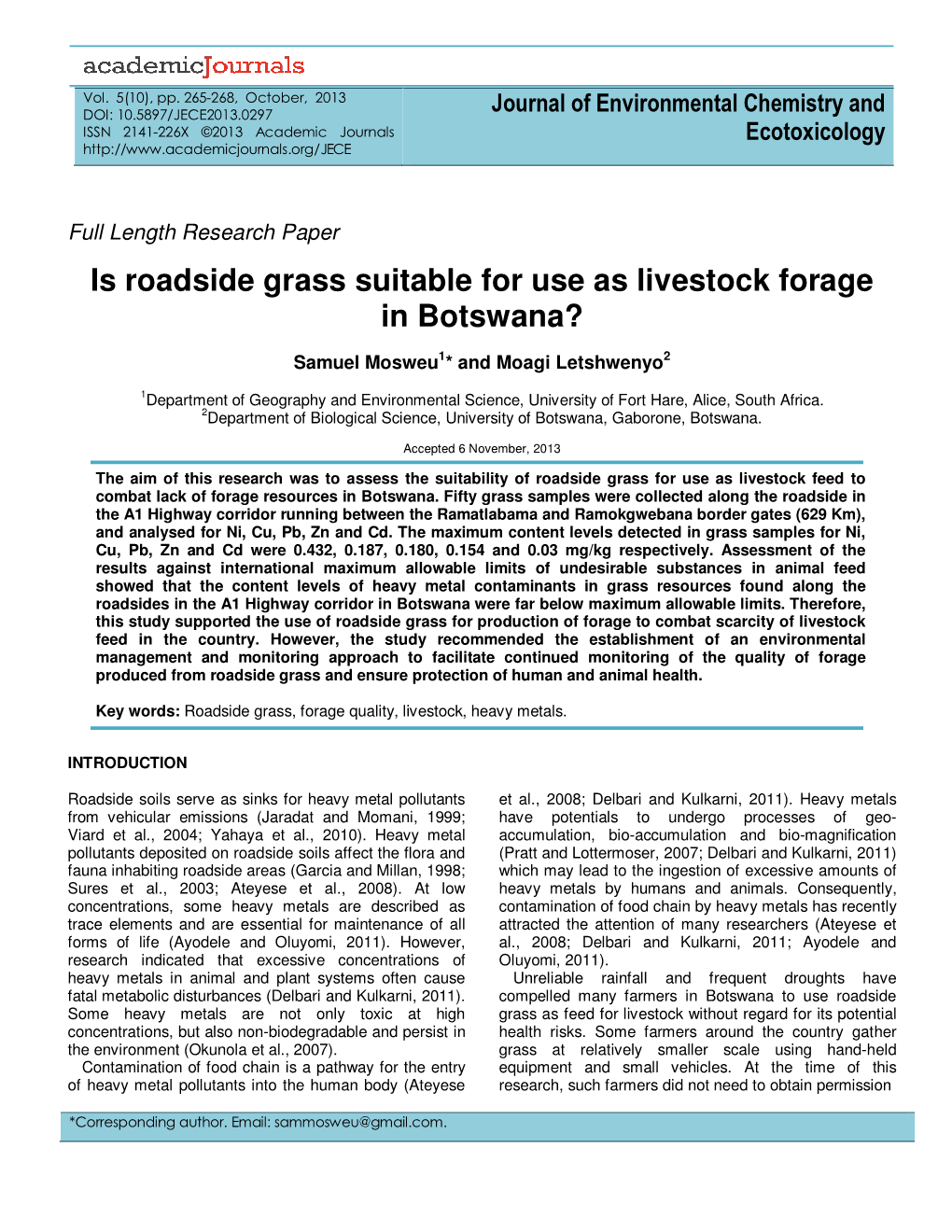 Is Roadside Grass Suitable for Use As Livestock Forage in Botswana?