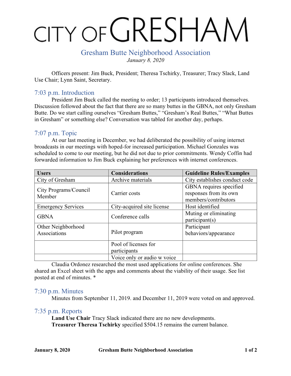 2020-01-08 Gresham Butte Neighborhood Association Minutes