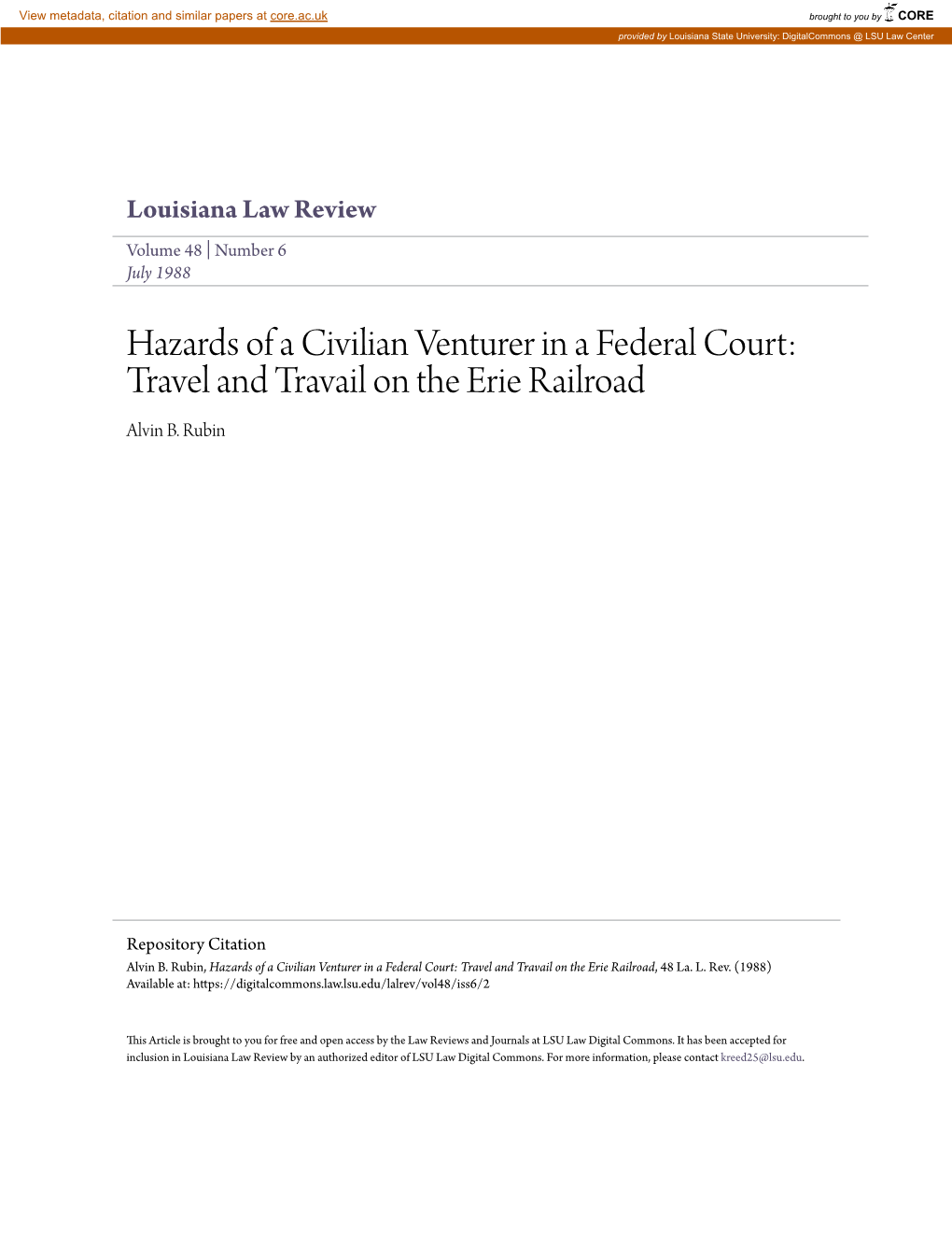 Hazards of a Civilian Venturer in a Federal Court: Travel and Travail on the Erie Railroad Alvin B