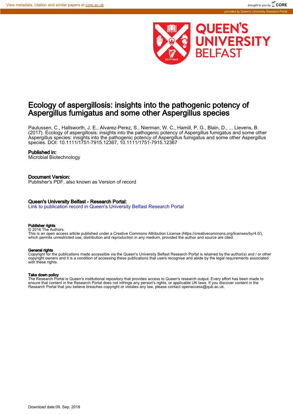 Ecology of Aspergillosis: Insights Into the Pathogenic Potency of Aspergillus Fumigatus and Some Other Aspergillus Species