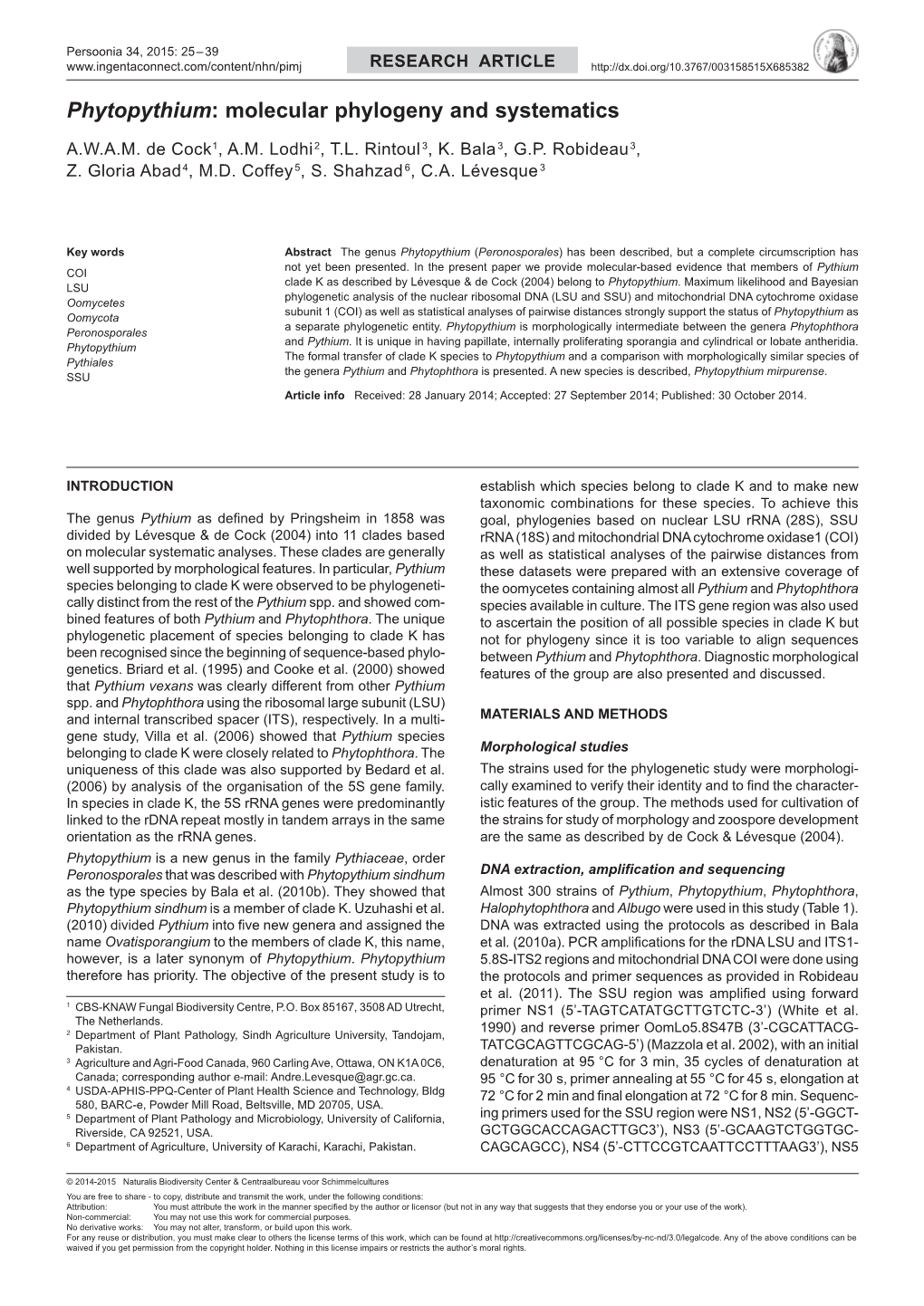 Phytopythium: Molecular Phylogeny and Systematics