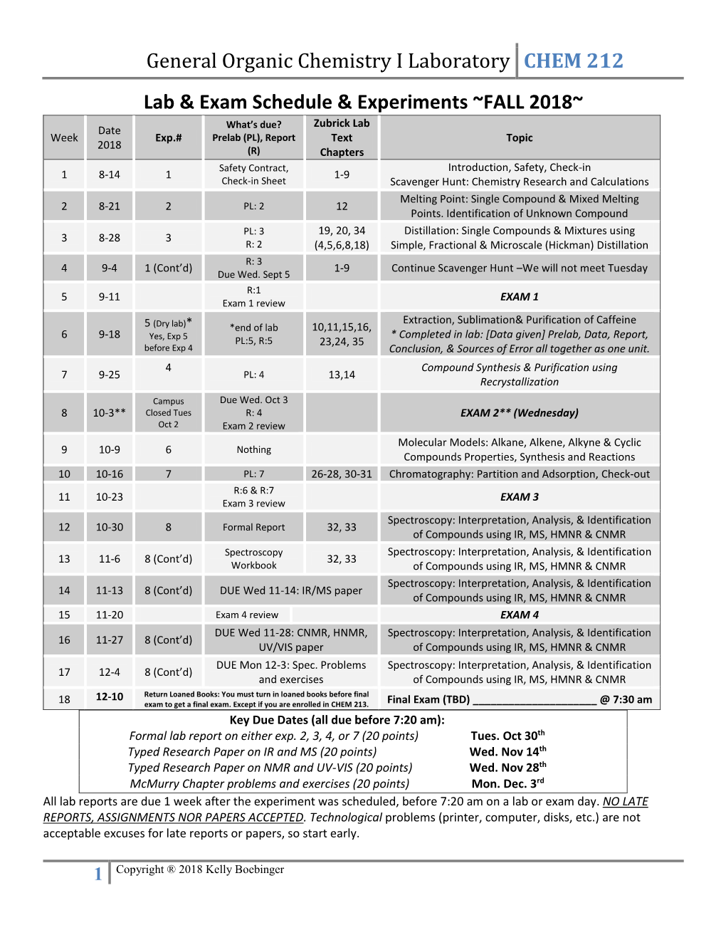 General Organic Chemistry I Laboratory CHEM 212