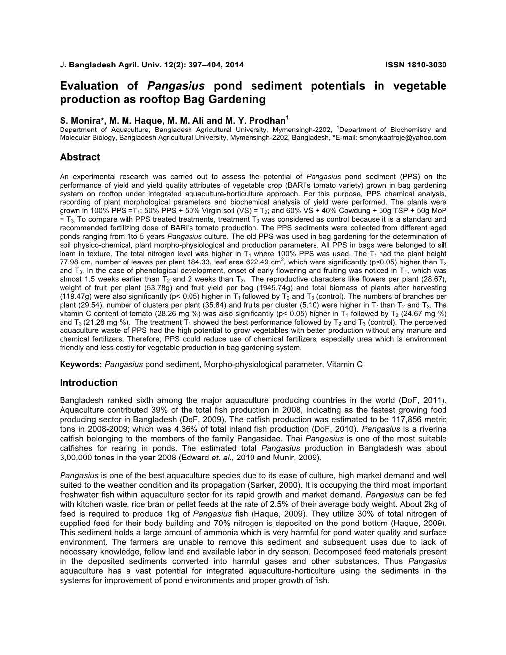 Evaluation of Pangasius Pond Sediment Potentials in Vegetable Production As Rooftop Bag Gardening