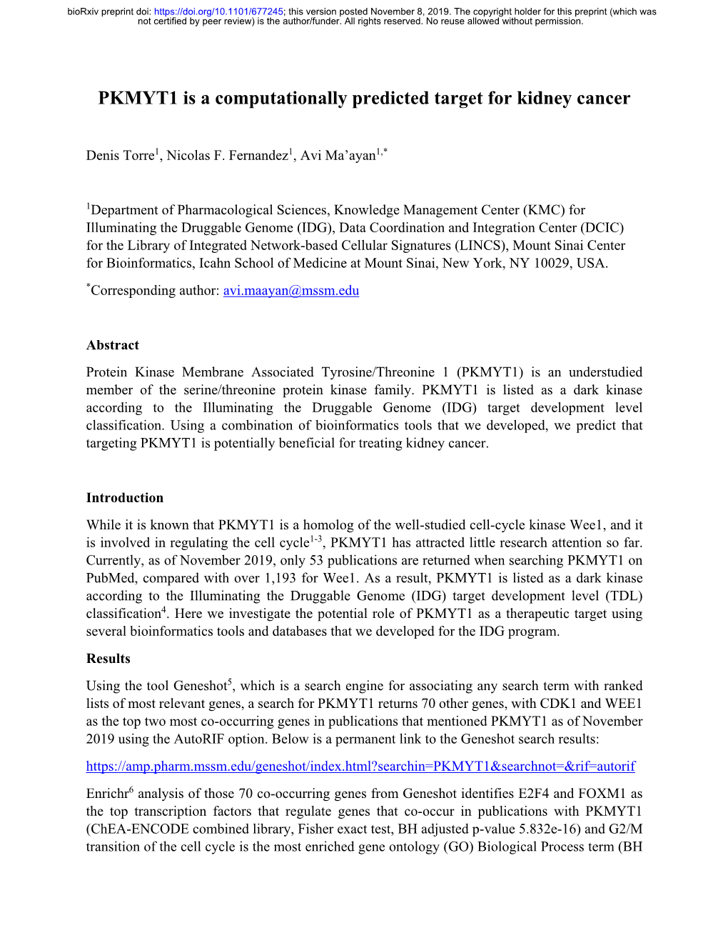 PKMYT1 Is a Computationally Predicted Target for Kidney Cancer