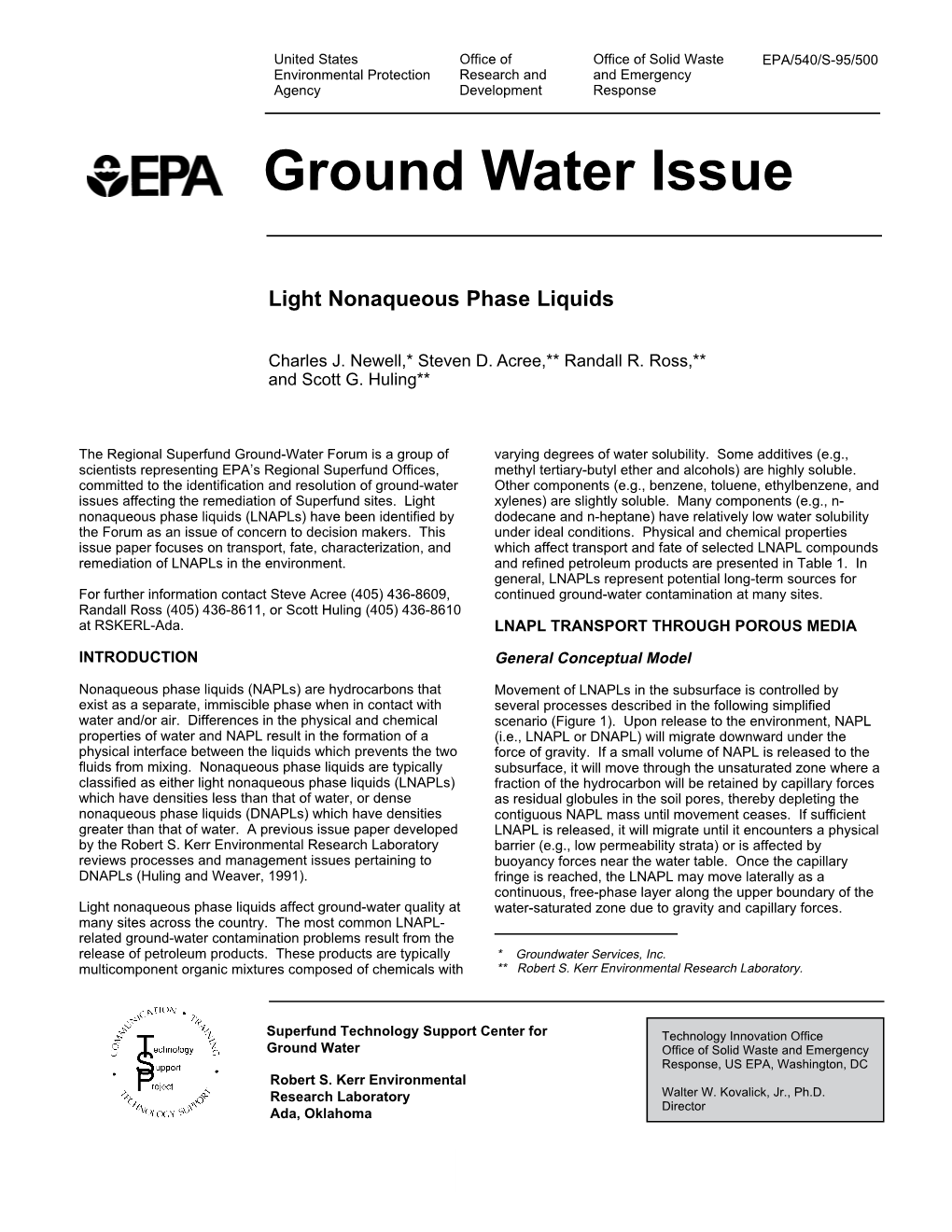 Ground Water Issue: Light Nonaqueous Phase Liquids
