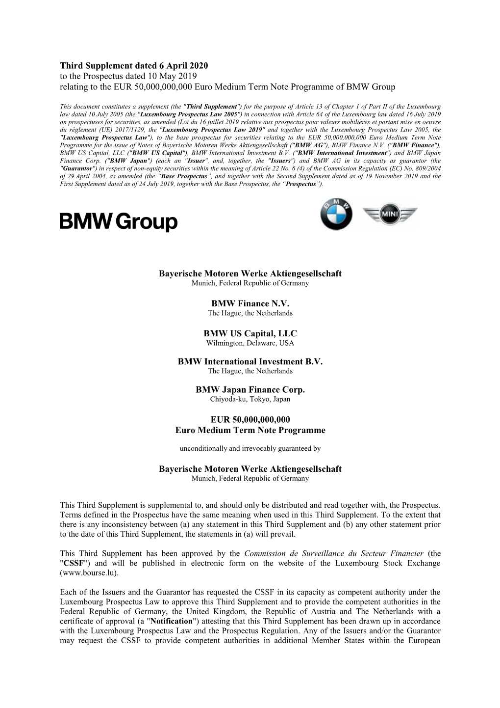Third Supplement Dated 6 April 2020 to the Prospectus Dated 10 May 2019 Relating to the EUR 50,000,000,000 Euro Medium Term Note Programme of BMW Group