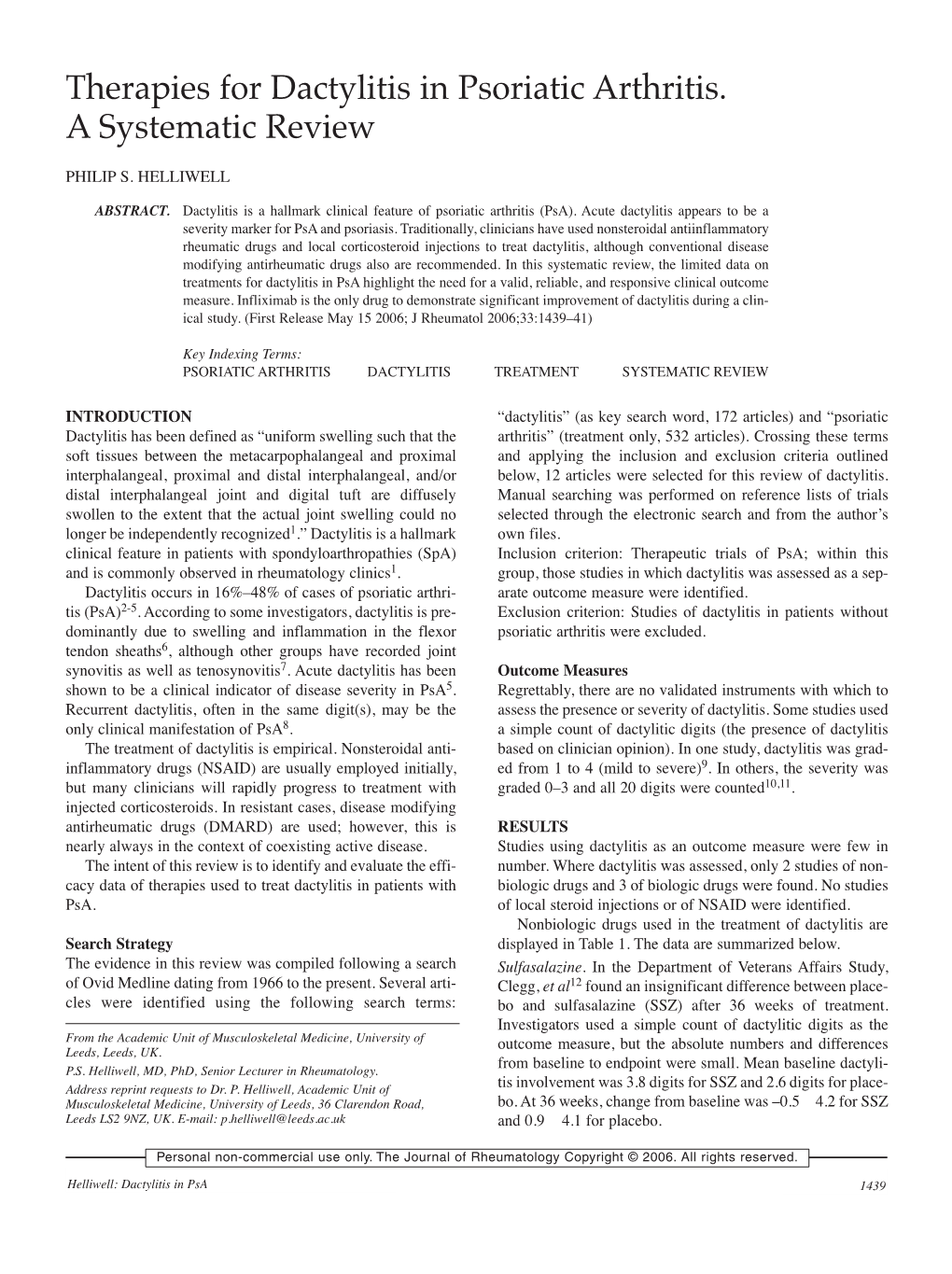 Therapies for Dactylitis in Psoriatic Arthritis. a Systematic Review PHILIP S