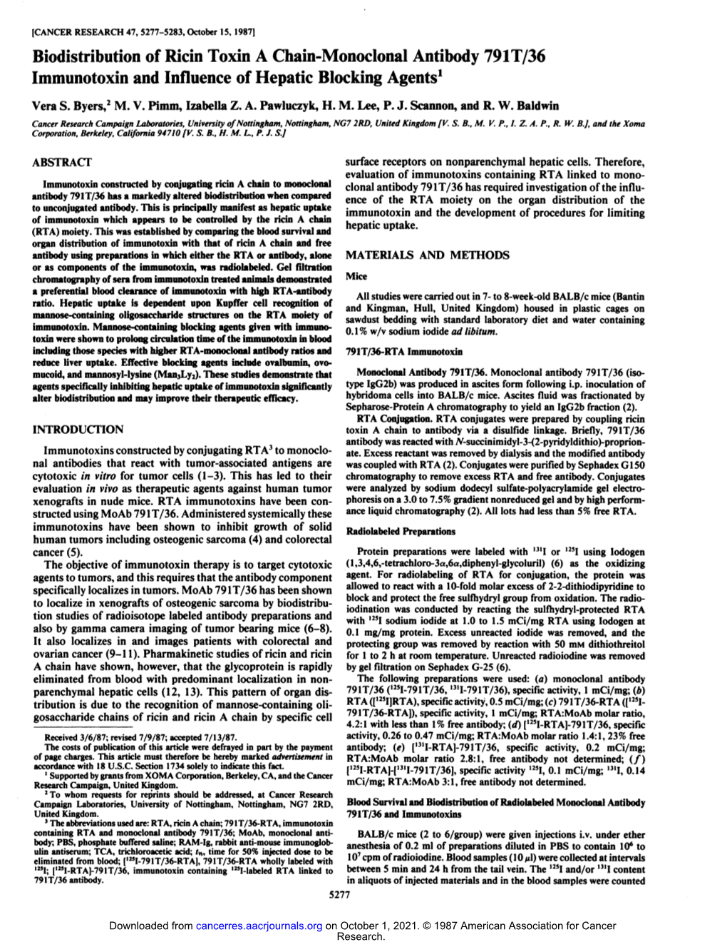 Biodistribution of Ricin Toxin a Chain-Monoclonal Antibody 79IT/36 Immunotoxin and Influence of Hepatic Blocking Agents1