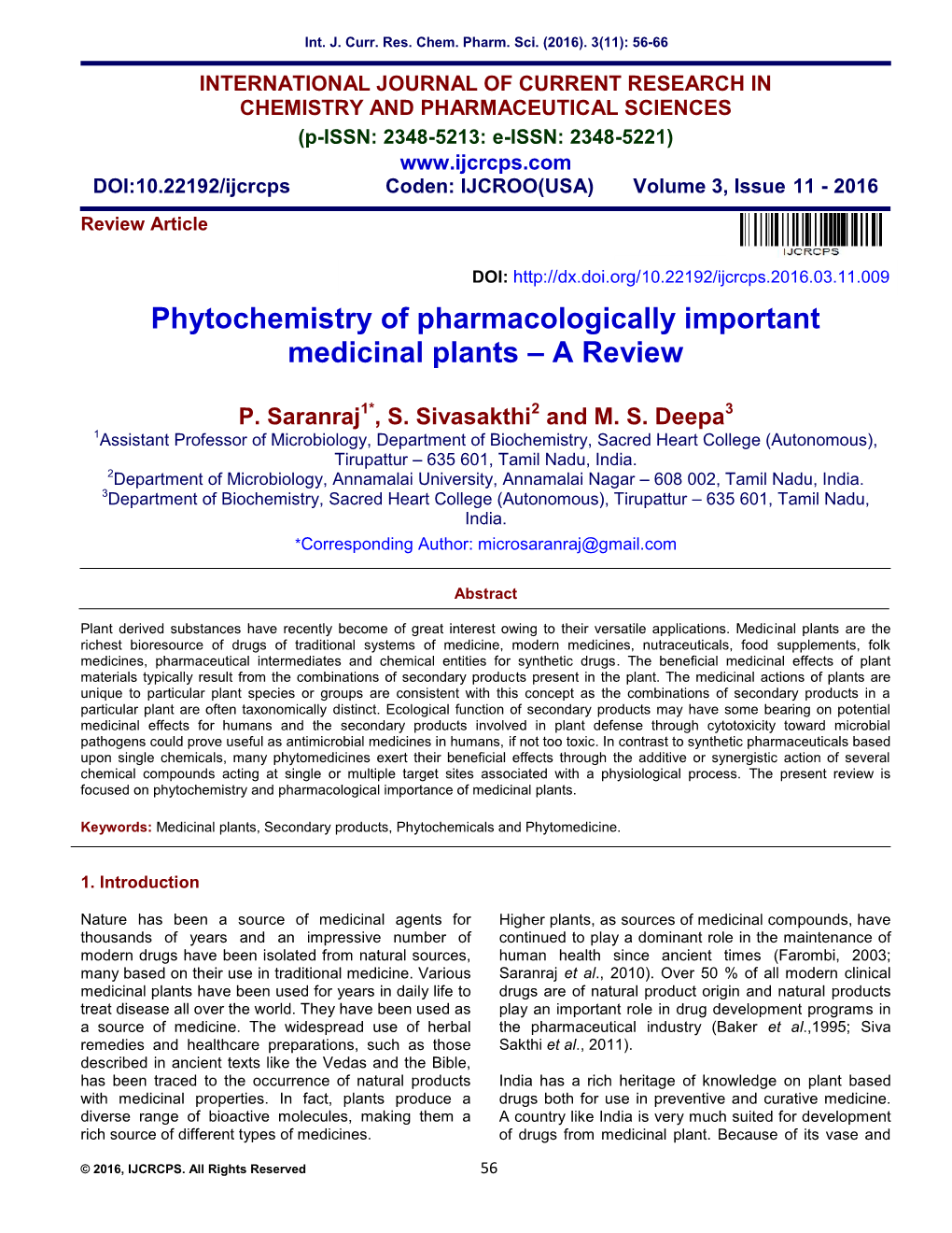 Phytochemistry of Pharmacologically Important Medicinal Plants – a Review