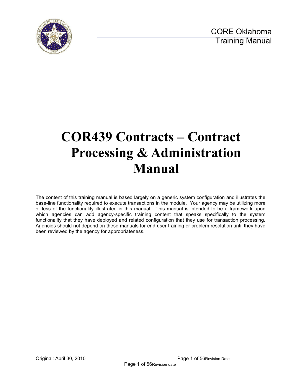 COR 439 Contract Processing and Administration Manual