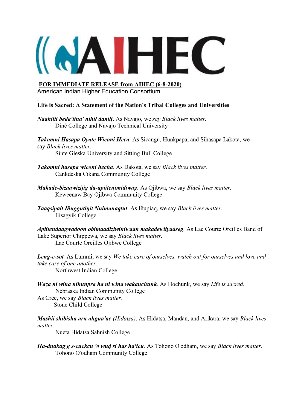 FOR IMMEDIATE RELEASE from AIHEC (6-8-2020) American Indian Higher Education Consortium