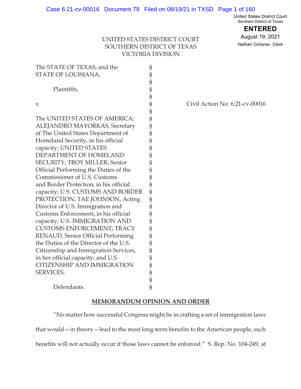 Case 6:21-Cv-00016 Document 79 Filed on 08/19/21 in TXSD Page 1 Of