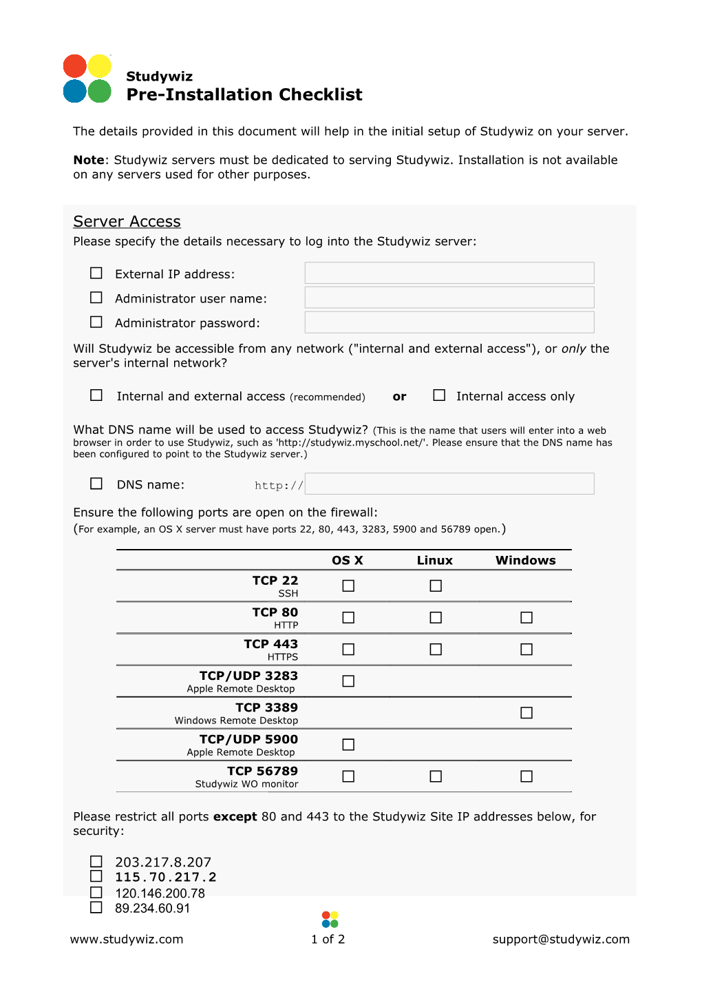 Studywiz Pre-Installation Checklist