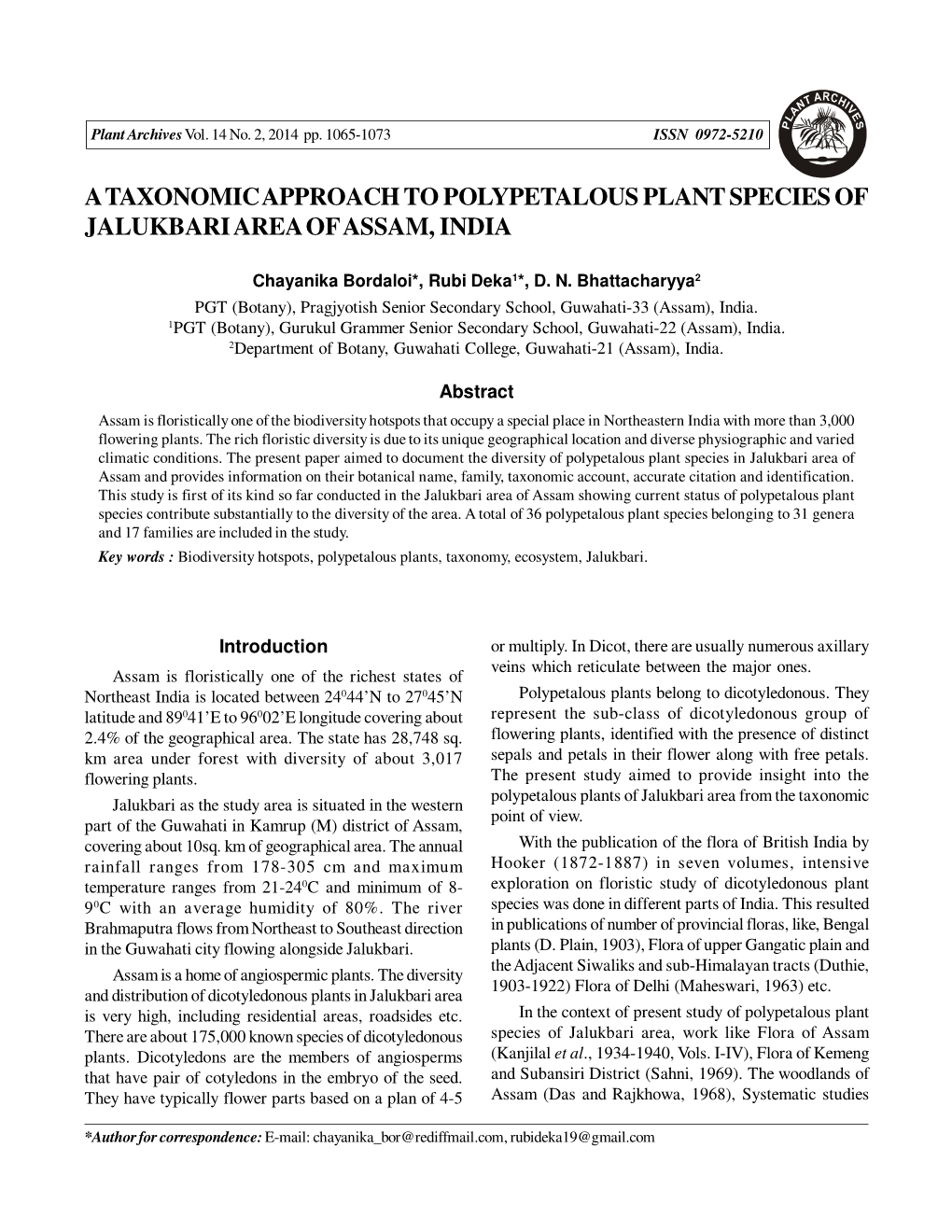 A Taxonomic Approach to Polypetalous Plant Species of Jalukbari Area of Assam, India