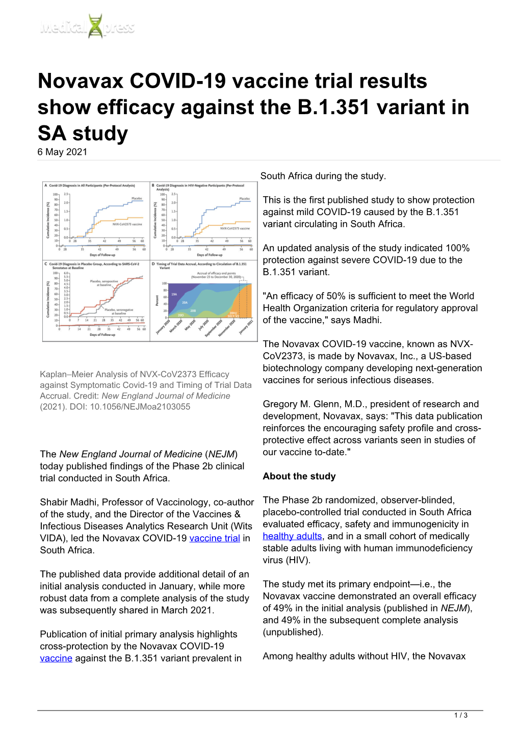 Novavax COVID-19 Vaccine Trial Results Show Efficacy Against the B.1.351 Variant in SA Study 6 May 2021