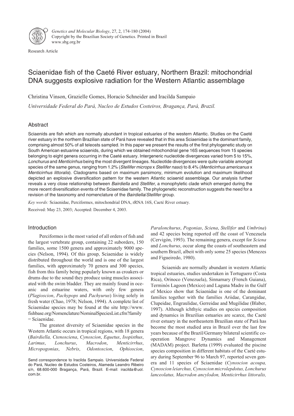 Sciaenidae Fish of the Caeté River Estuary, Northern Brazil: Mitochondrial DNA Suggests Explosive Radiation for the Western Atlantic Assemblage