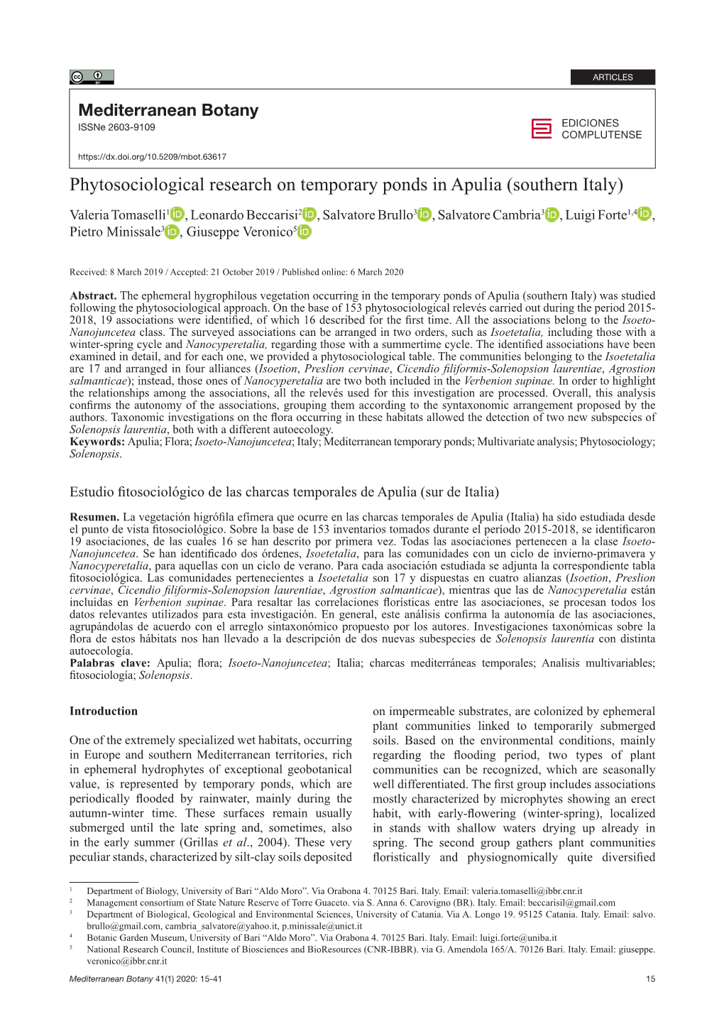 Phytosociological Research on Temporary Ponds in Apulia