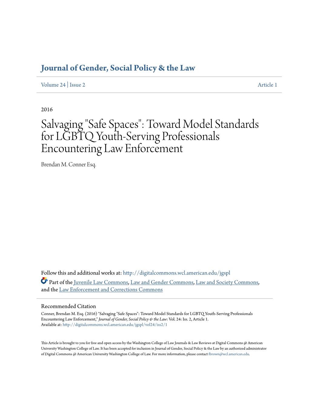 Safe Spaces": Toward Model Standards for LGBTQ Youth-Serving Professionals Encountering Law Enforcement Brendan M