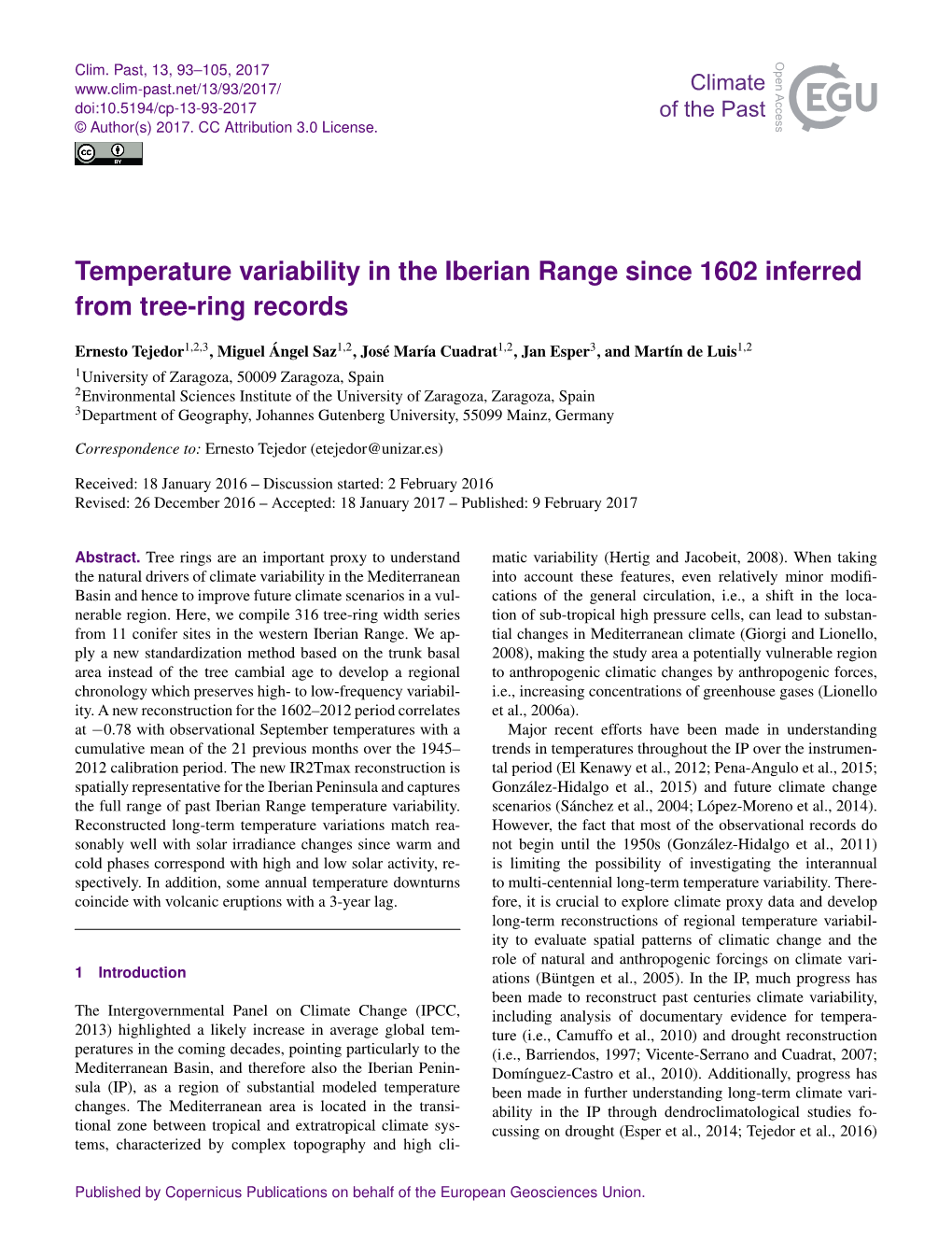 Temperature Variability in the Iberian Range Since 1602 Inferred from Tree-Ring Records