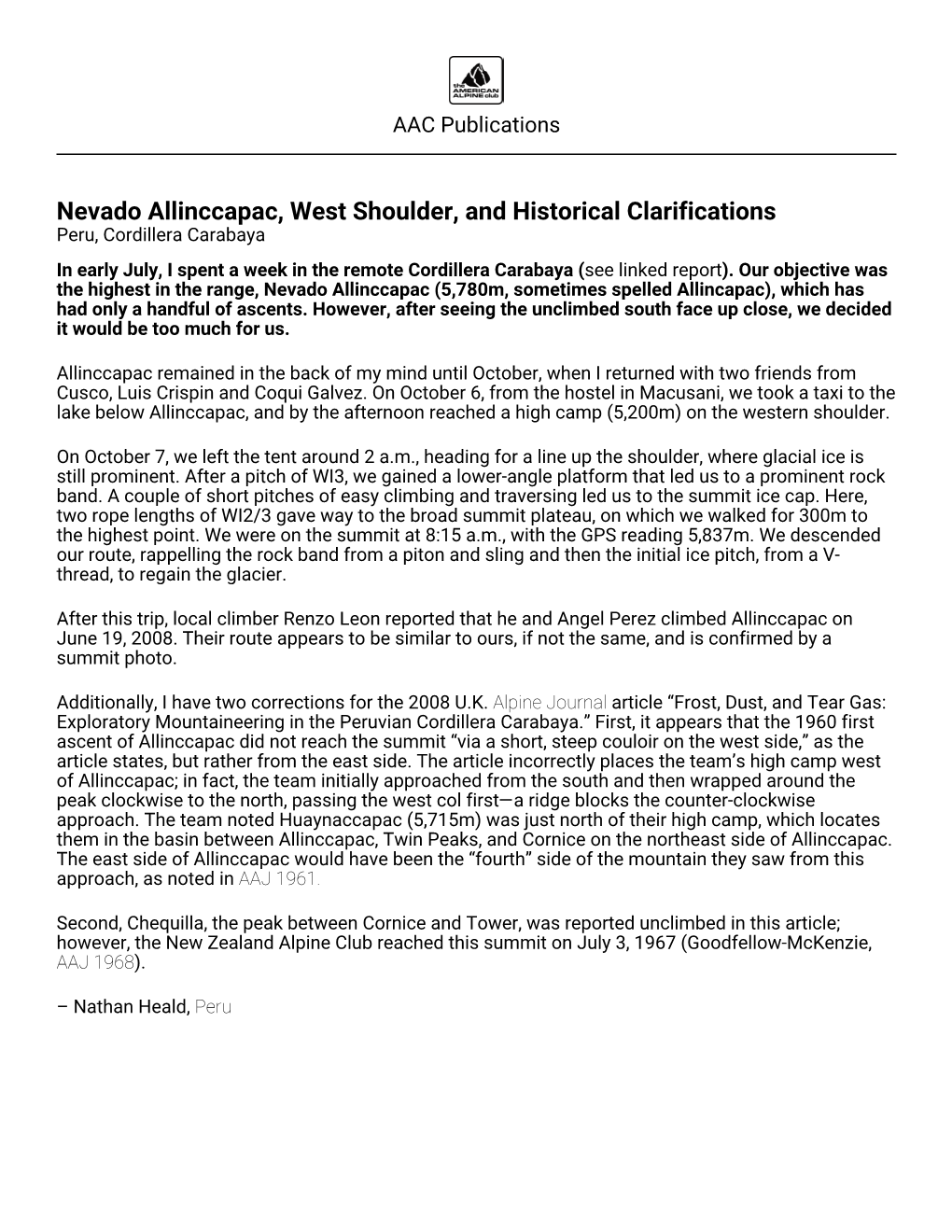Nevado Allinccapac, West Shoulder, and Historical Clarifications