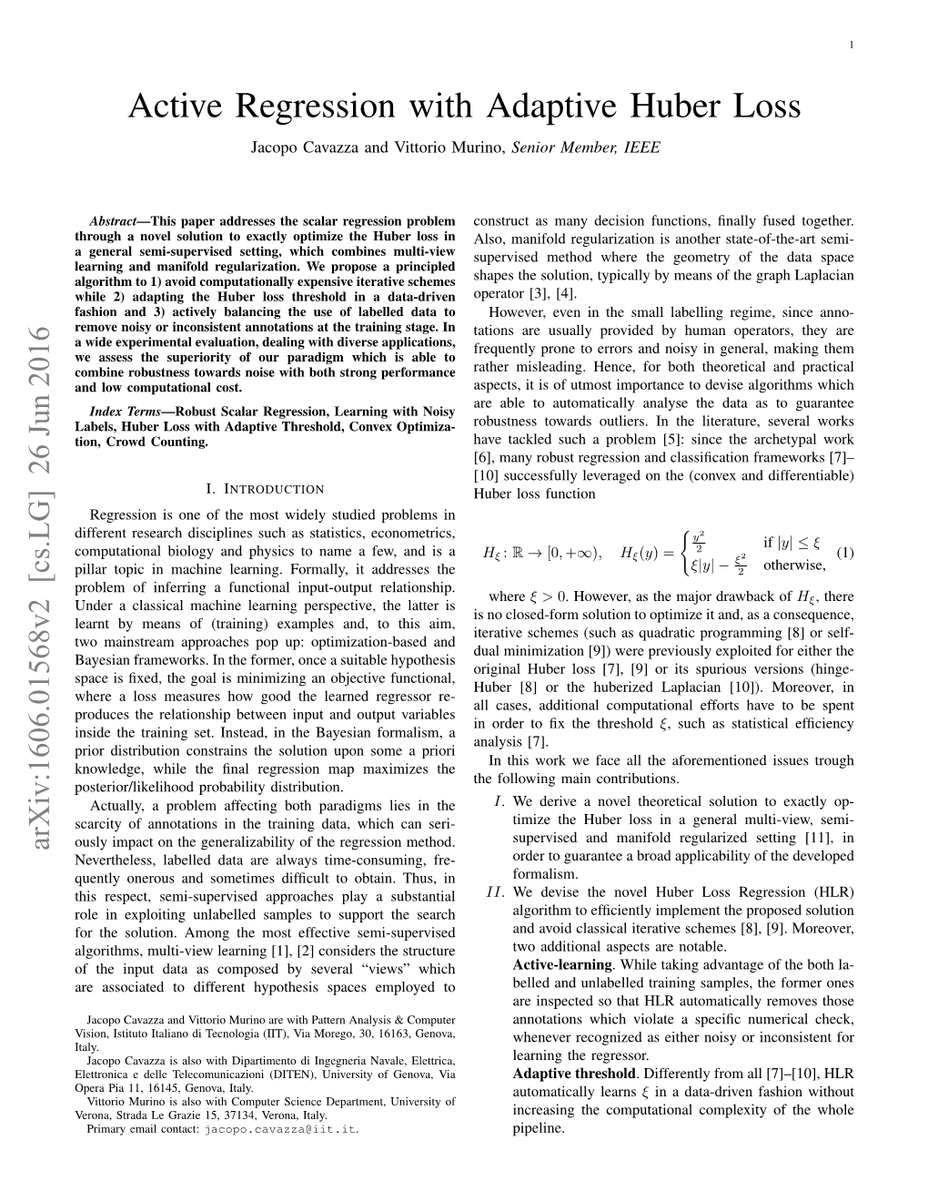 Active Regression with Adaptive Huber Loss Jacopo Cavazza and Vittorio Murino, Senior Member, IEEE