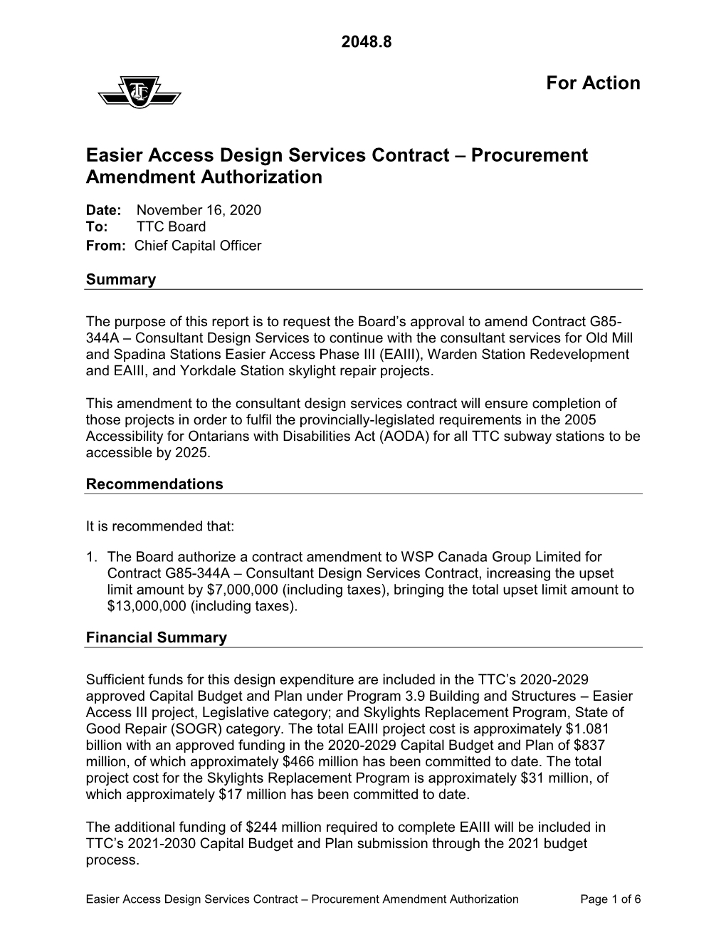 Easier Access Design Services Contract – Procurement Amendment Authorization