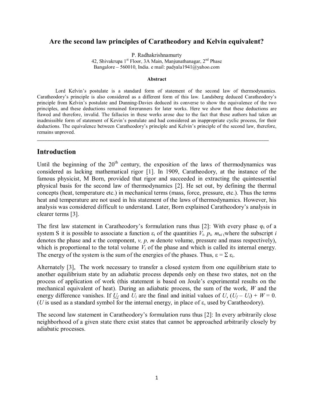 Are the Second Law Principles of Caratheodory and Kelvin Equivalent?