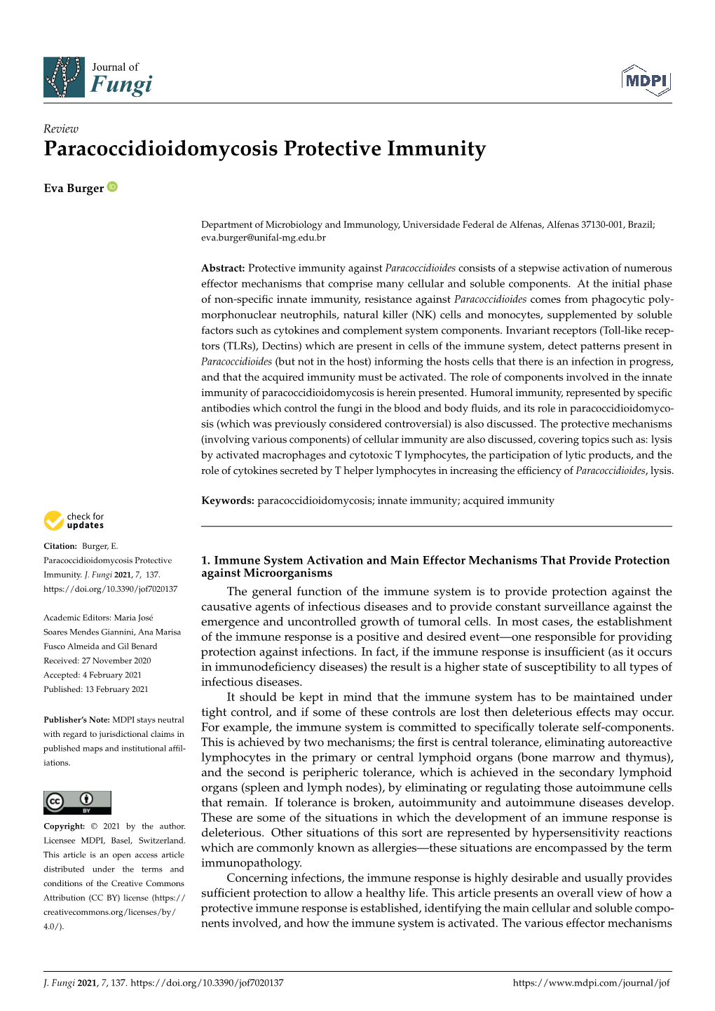 Paracoccidioidomycosis Protective Immunity