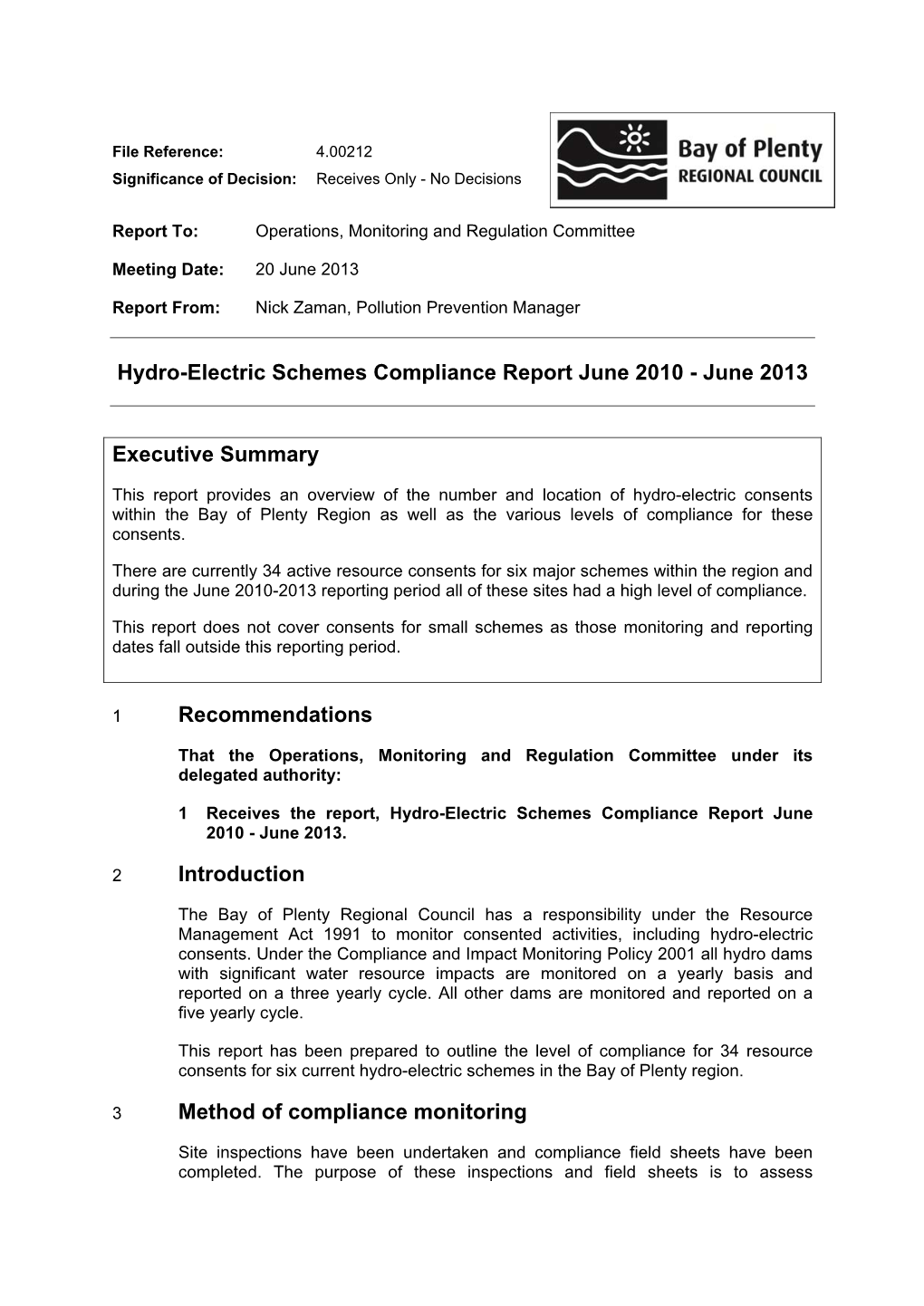 Hydro-Electric Schemes Compliance Report June 2010 - June 2013