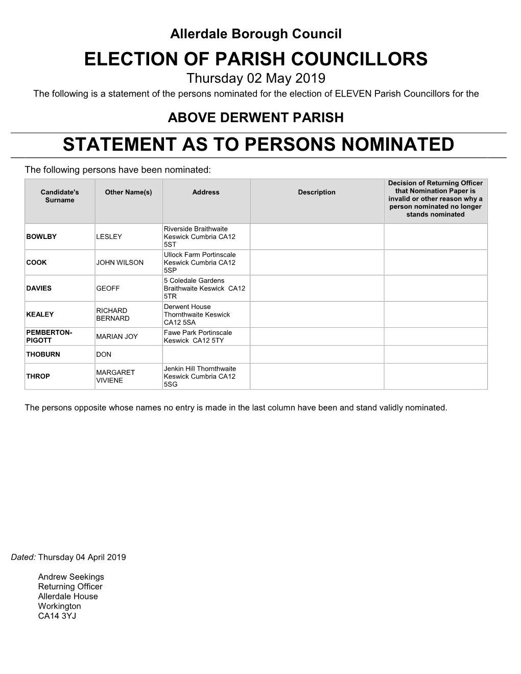 Election of Parish Councillors Statement As