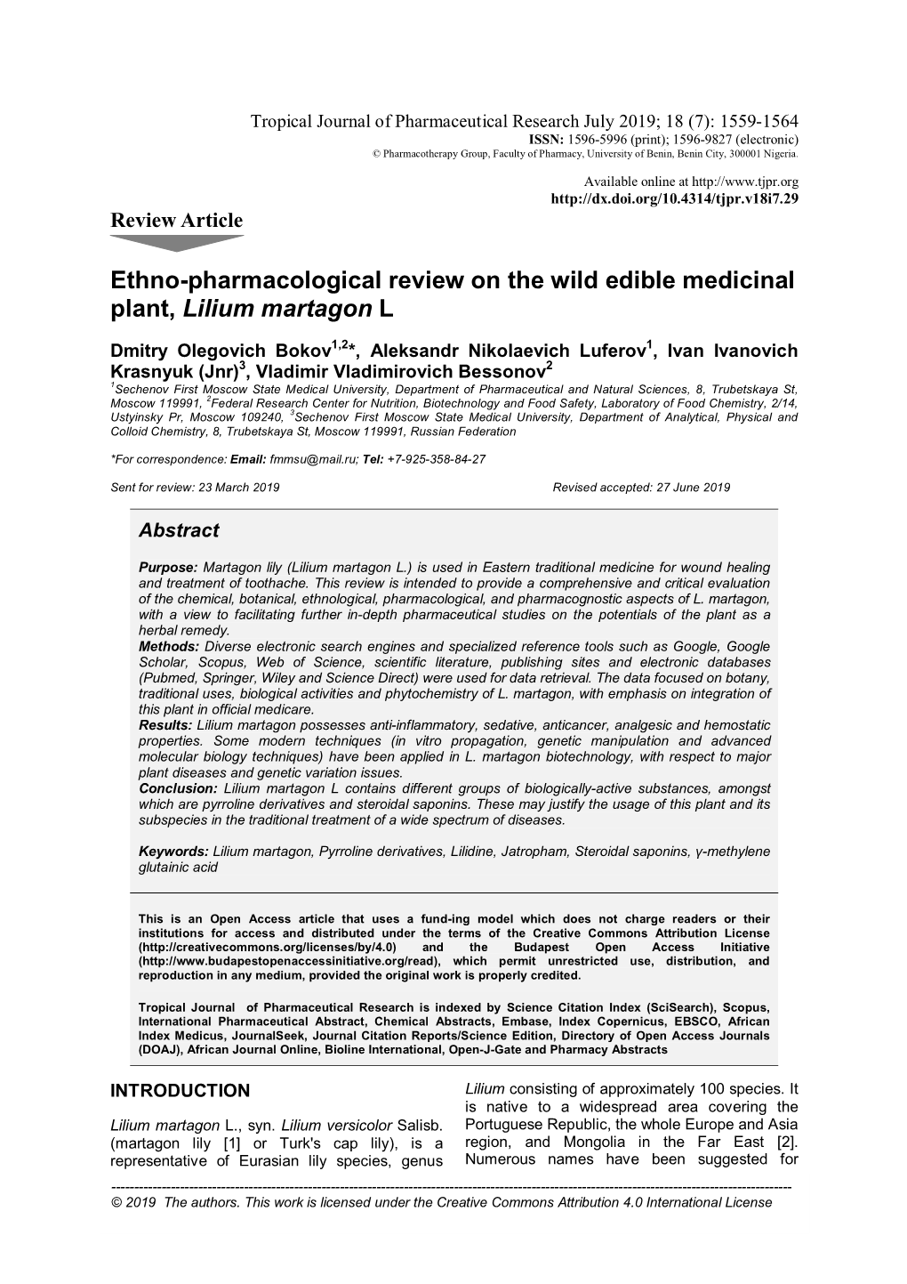 Ethno-Pharmacological Review on the Wild Edible Medicinal Plant, Lilium Martagon L