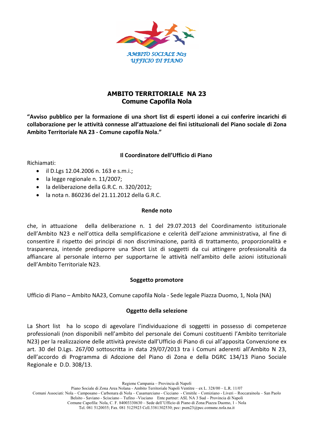 AMBITO TERRITORIALE NA 23 Comune Capofila Nola “Avviso