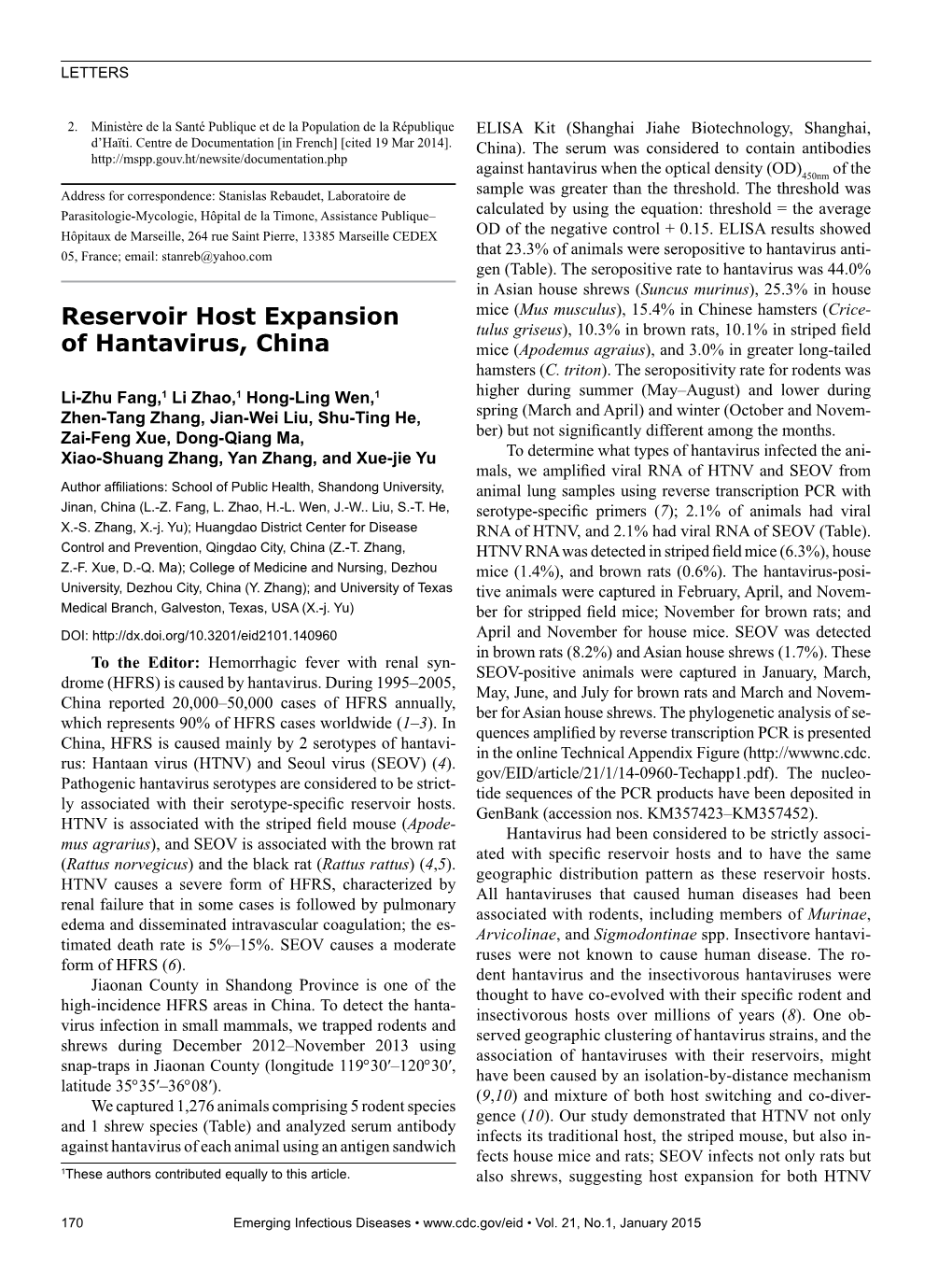 Reservoir Host Expansion of Hantavirus, China