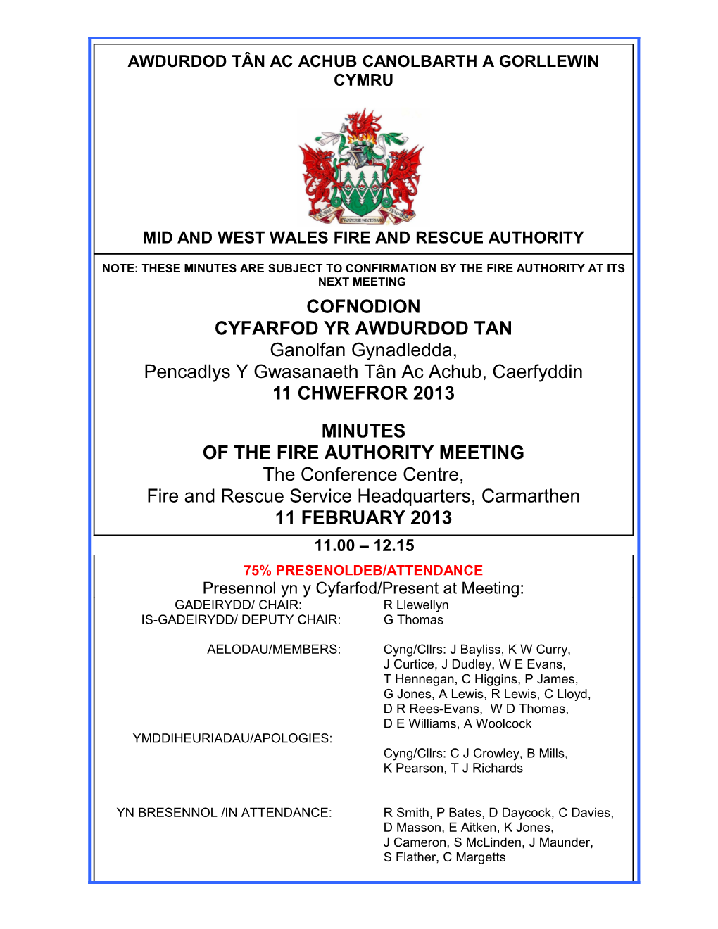 Fire Authority (FA) Committee Minutes 11 February 2013 (English)
