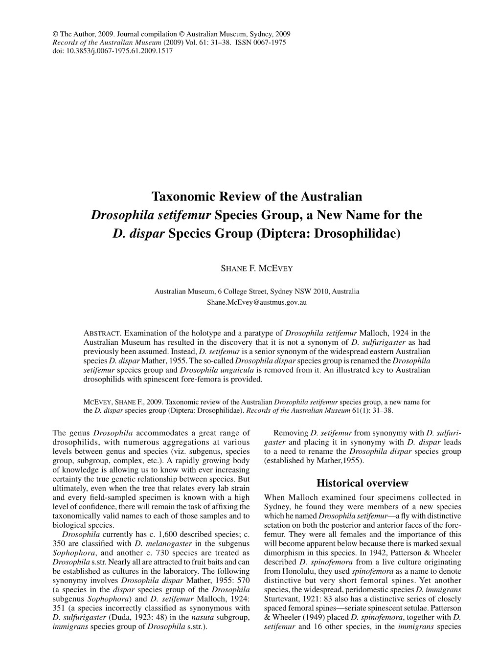 Taxonomic Review of the Australian &lt;I&gt;Drosophila Setifemur&lt;/I&gt; Species