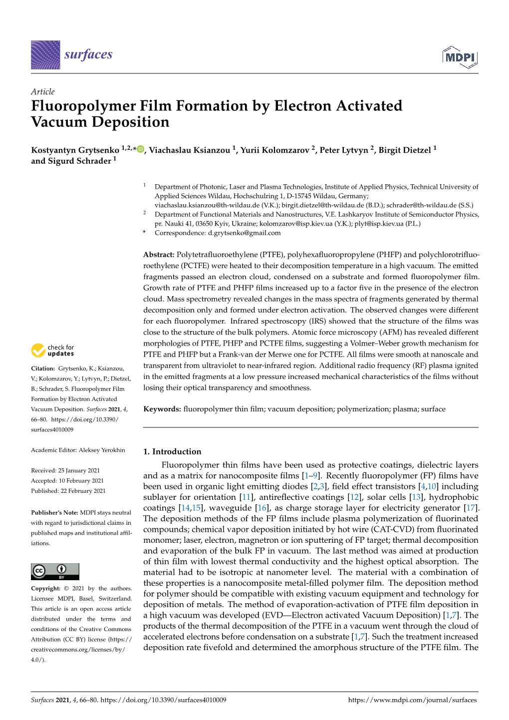 Fluoropolymer Film Formation by Electron Activated Vacuum Deposition