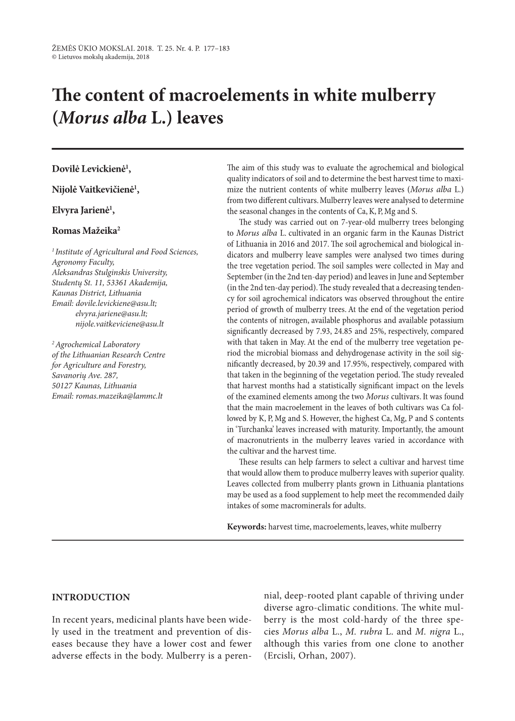 The Content of Macroelements in White Mulberry (Morus Alba L.) Leaves