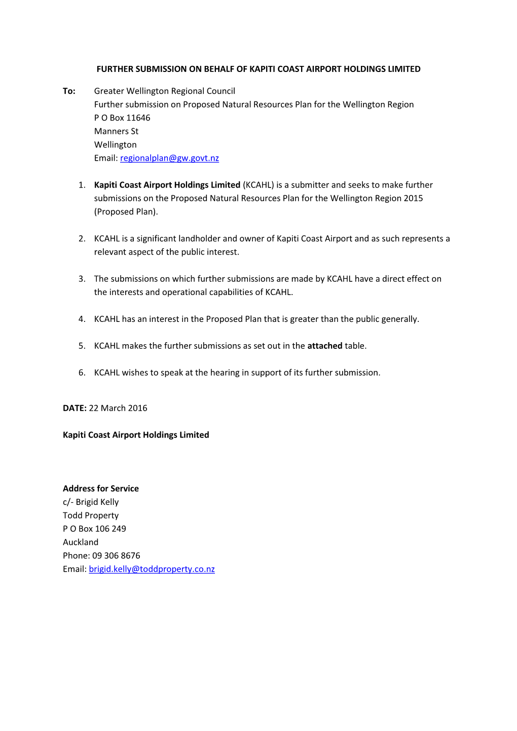 Further Submission on Behalf of Kapiti Coast Airport Holdings Limited