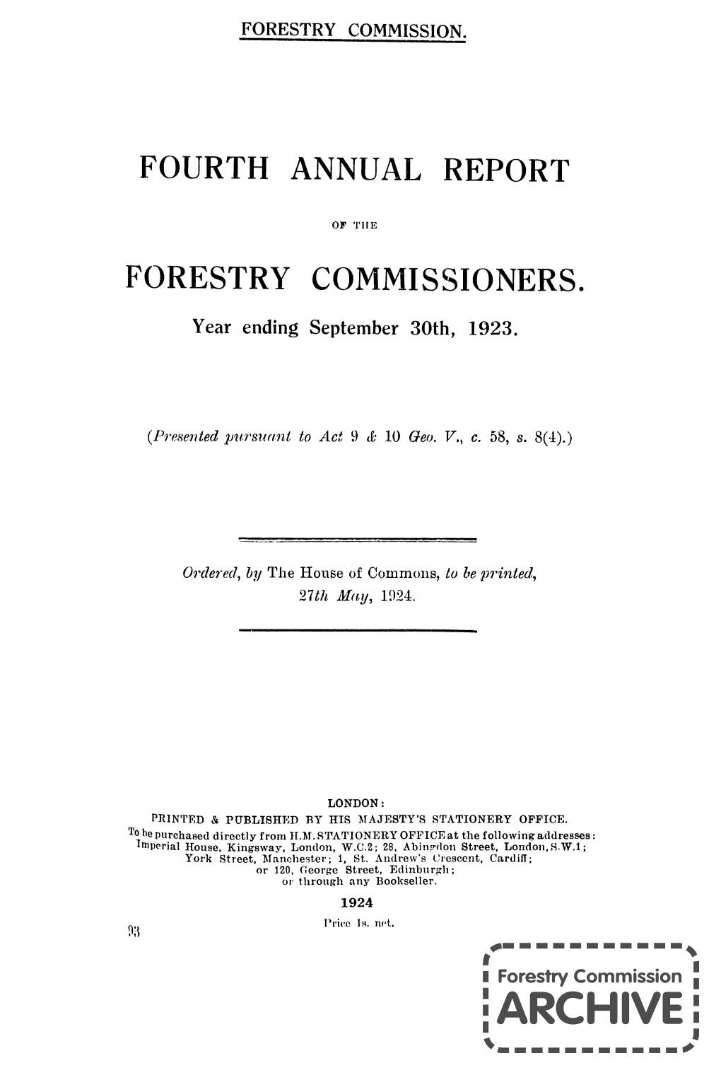 Fourth Annual Report of the Forestry Commissioners 1922-1923