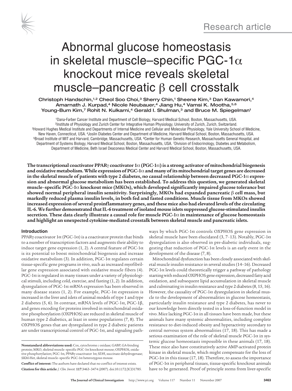 Abnormal Glucose Homeostasis in Skeletal Muscle–Specific PGC-1Α