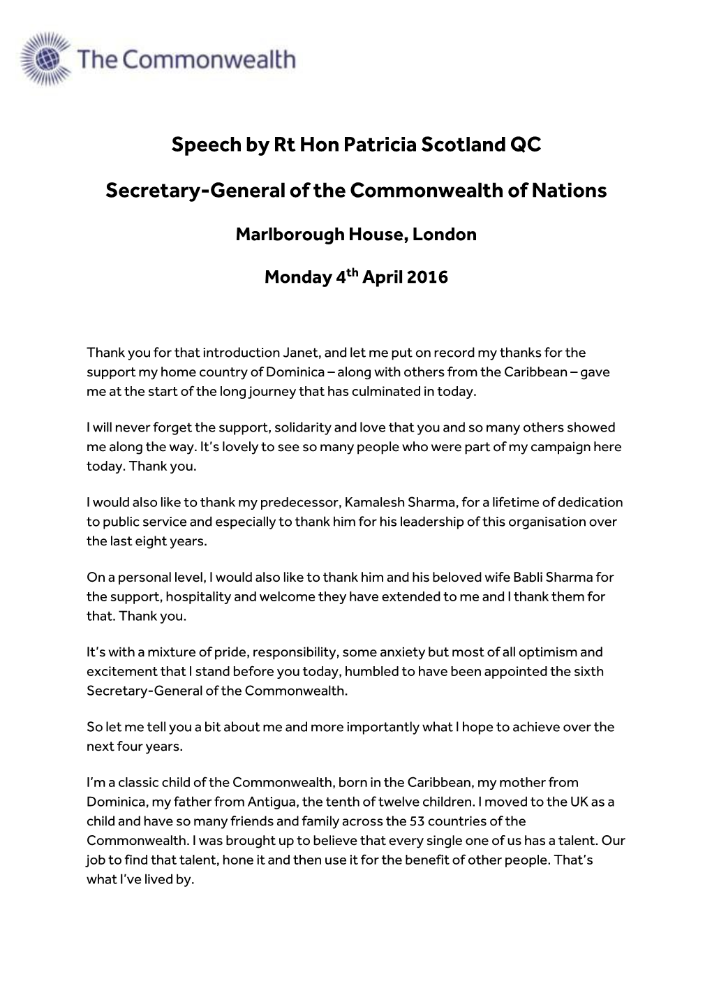 Speech by Rt Hon Patricia Scotland QC Secretary-General of The