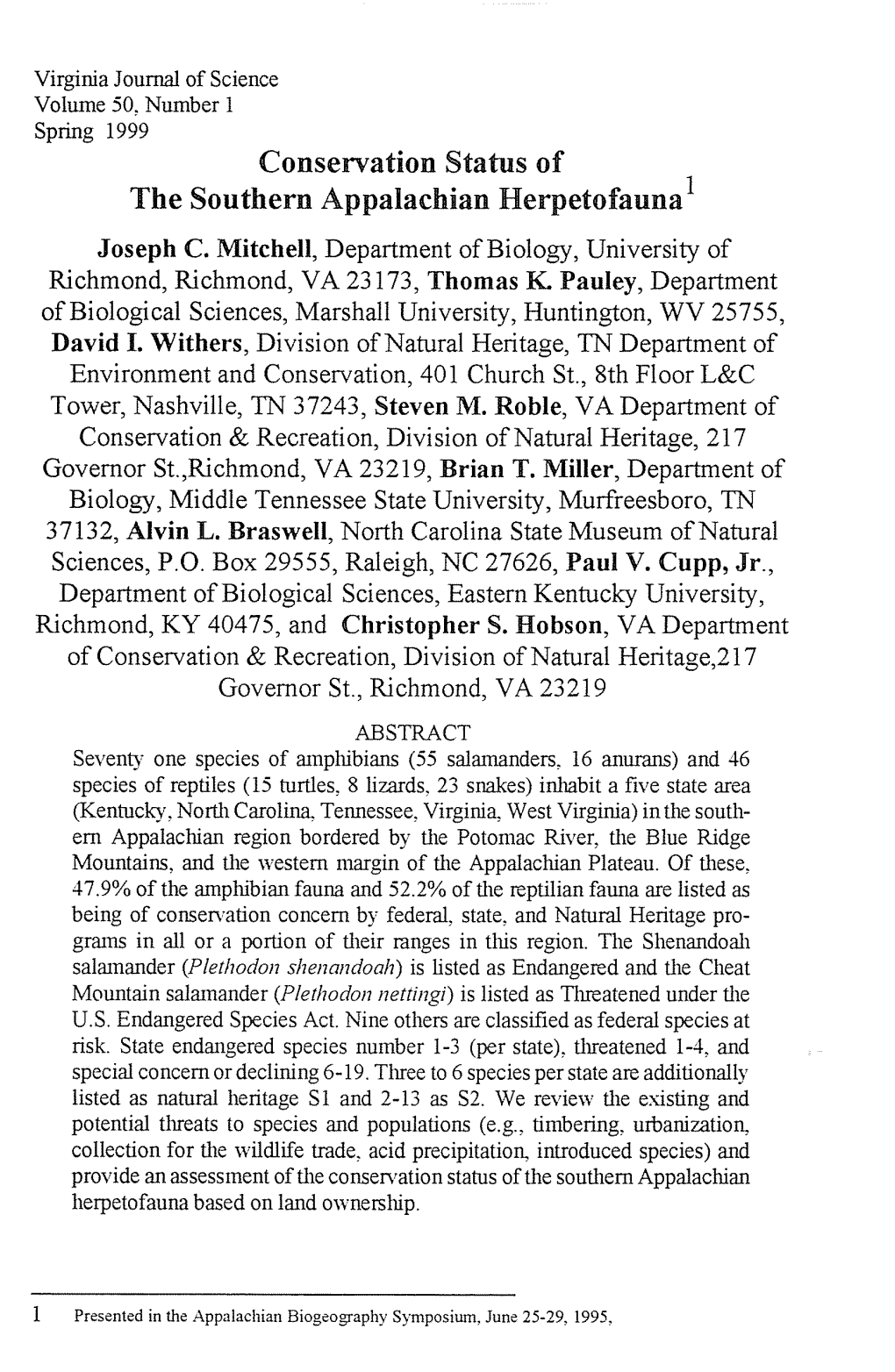 Conservation Status of the Southern Appalachian Herpetofauna 1 Joseph C