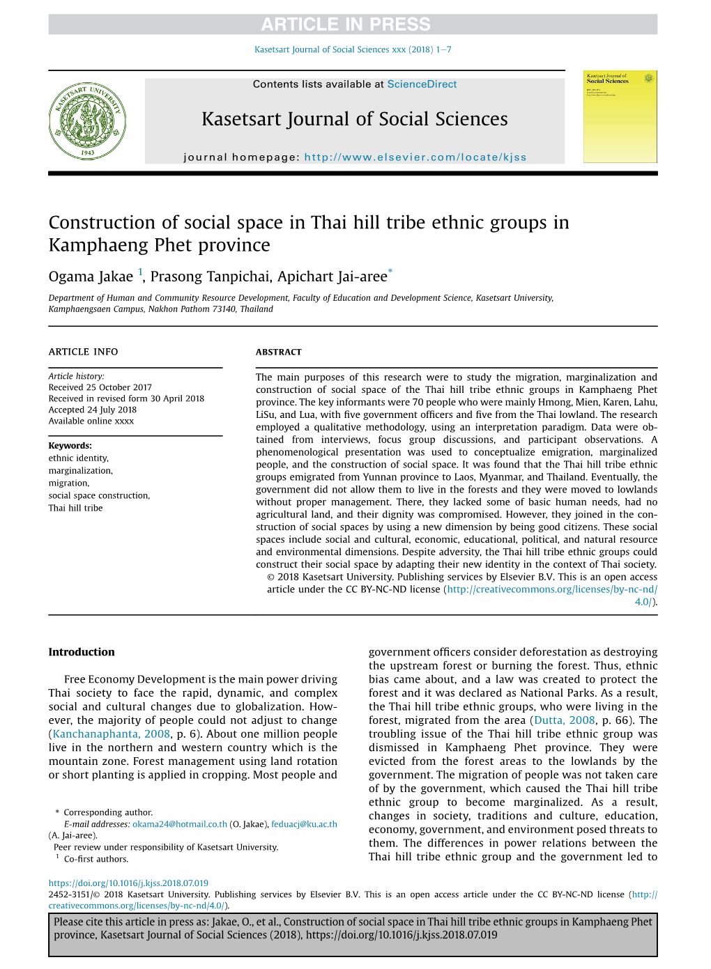 Construction of Social Space in Thai Hill Tribe Ethnic Groups in Kamphaeng Phet Province