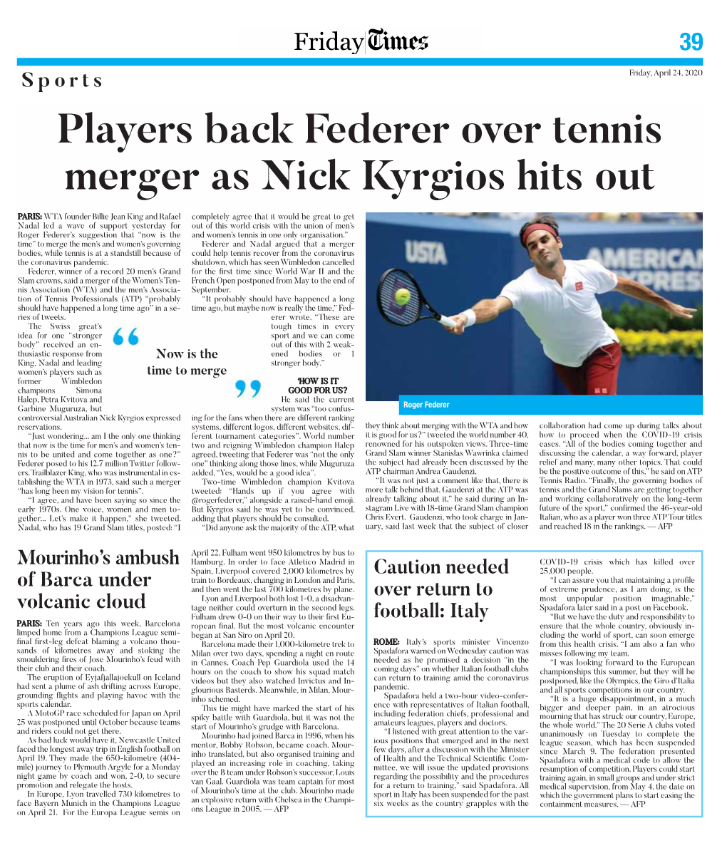 Players Back Federer Over Tennis Merger As Nick Kyrgios Hits Out