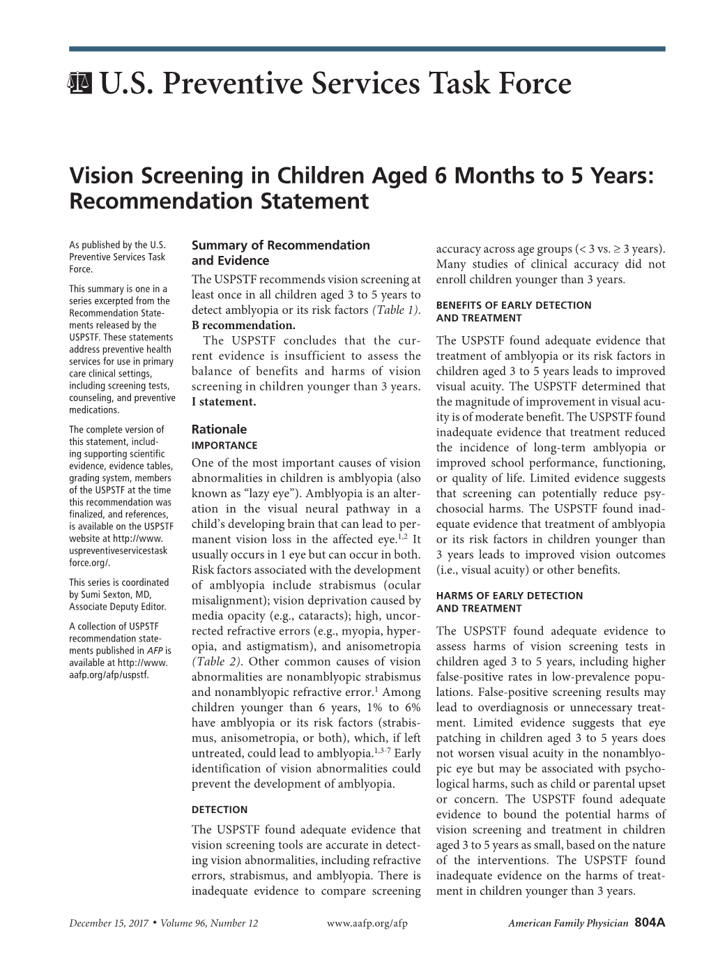 Vision Screening in Children Aged 6 Months to 5 Years: Recommendation Statement