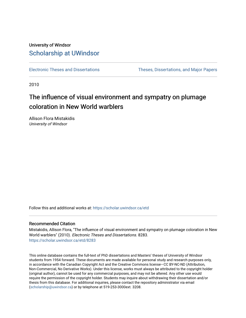 The Influence of Visual Environment and Sympatry on Plumage Coloration in New World Warblers