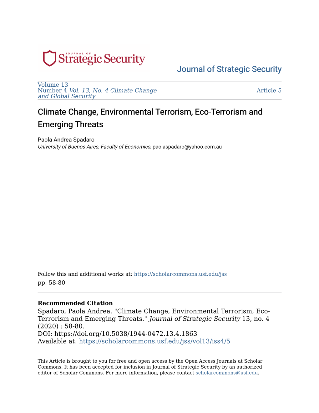 Climate Change, Environmental Terrorism, Eco-Terrorism and Emerging Threats