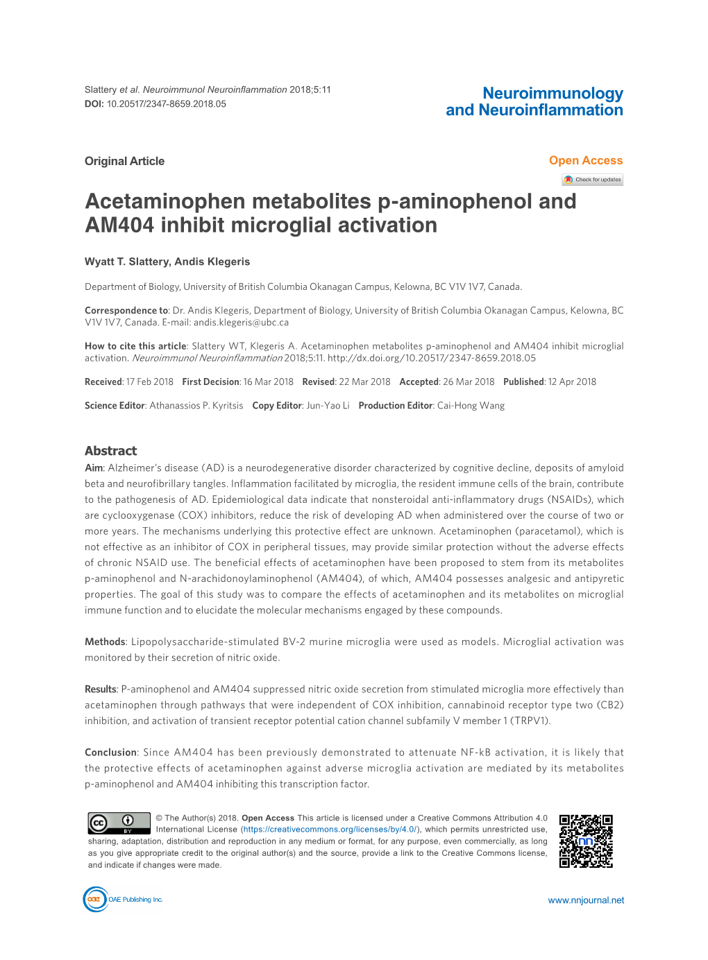 Acetaminophen Metabolites P-Aminophenol and AM404 Inhibit Microglial Activation