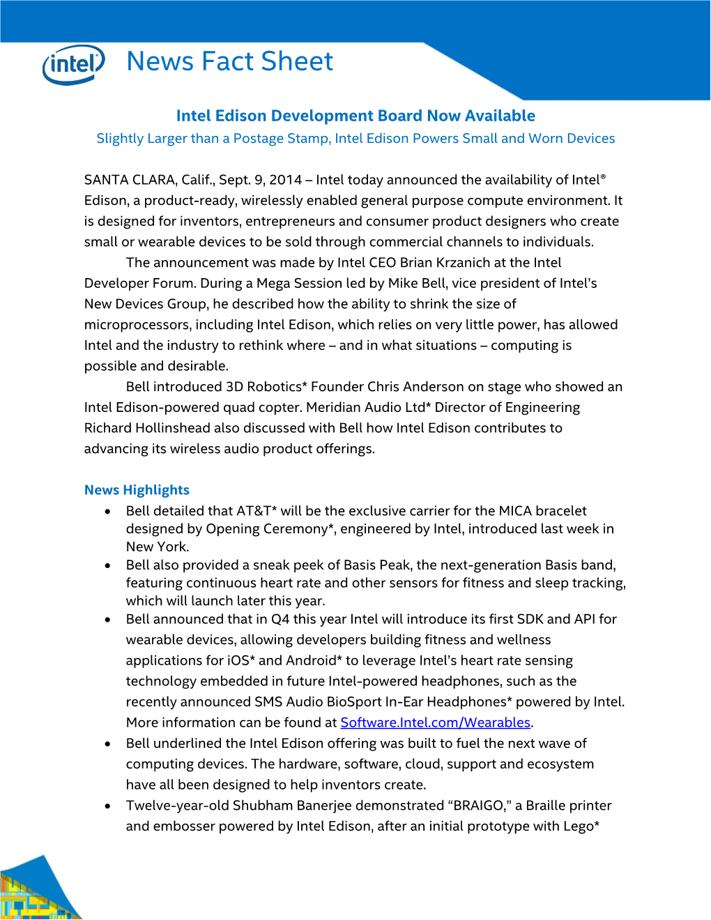 Fact Sheet: Intel Edison Development Board Now Available